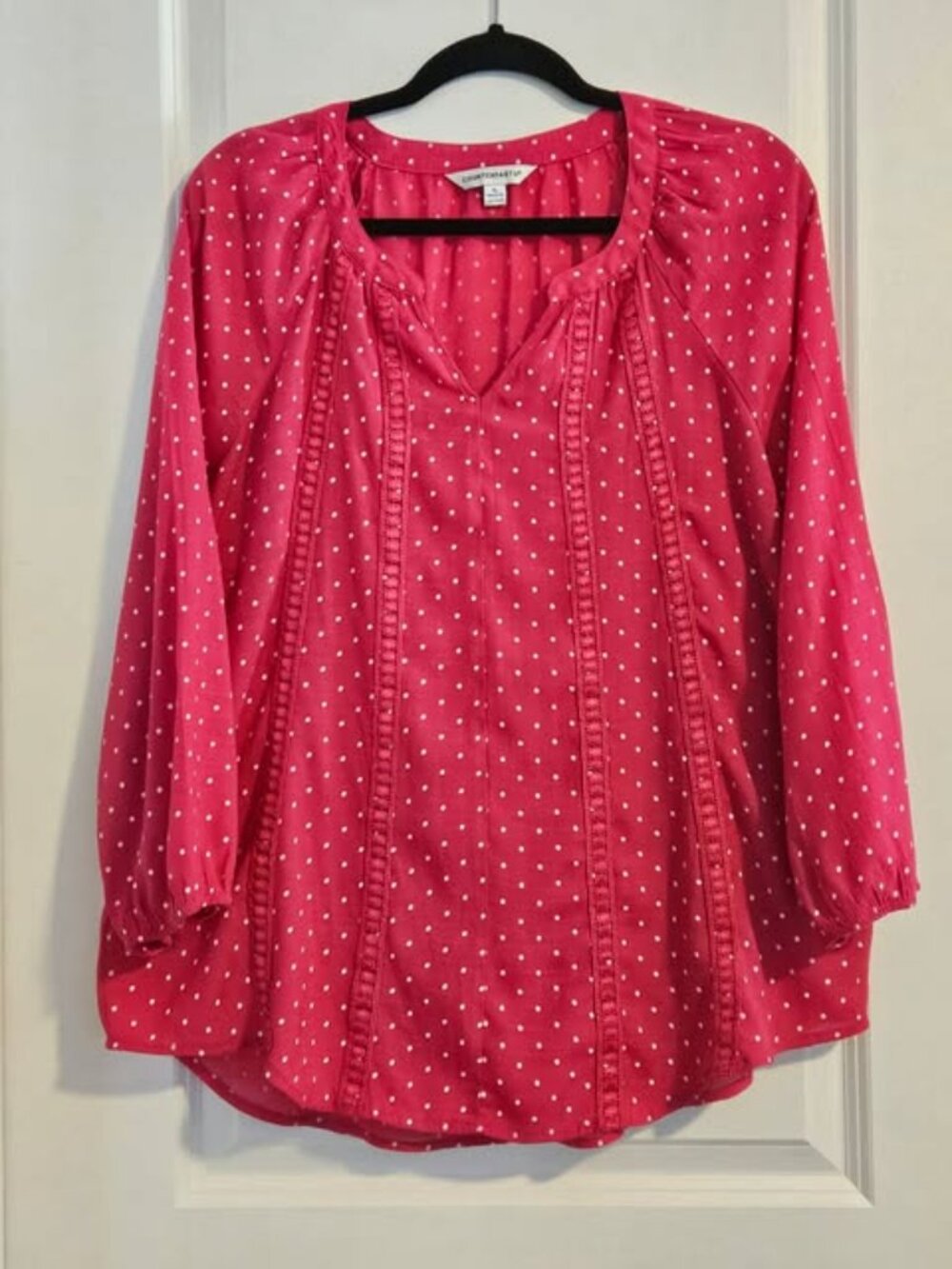 Counterparts XL Red Polka Dot Blouse 3/4 Sleeve Lace Trim Top